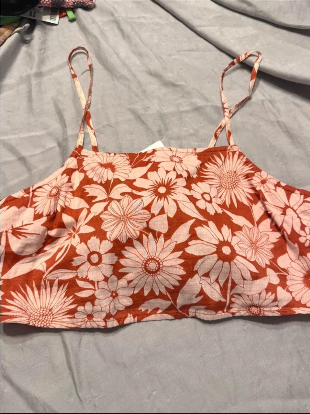 American Eagle Outfitters Orange & White Floral Spaghetti-Strap Crop Top